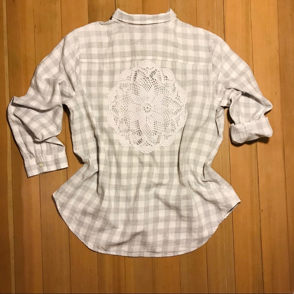 Boho Vintage Crochet Doily Checkered Plaid Flannel - Picture 1 of 8